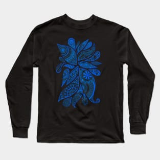 Abstract Zentangle Swirls Design (blue on black) Long Sleeve T-Shirt